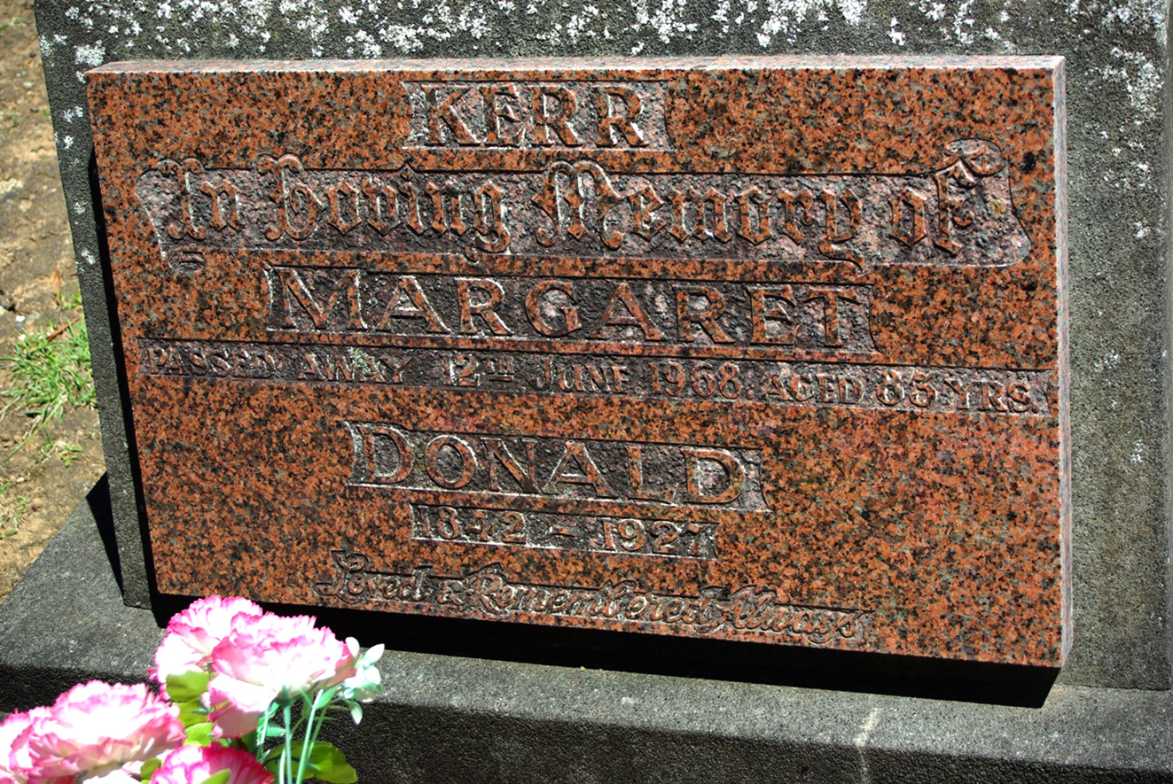 Photo of headstones/Donald Kerr 1842-1927 hdstn Badgerys Creek cem